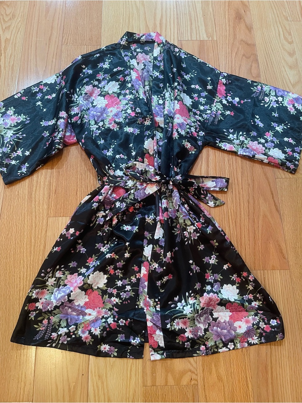 Floral Satin Wrap Robe - Black with Pink & Purple Blooms